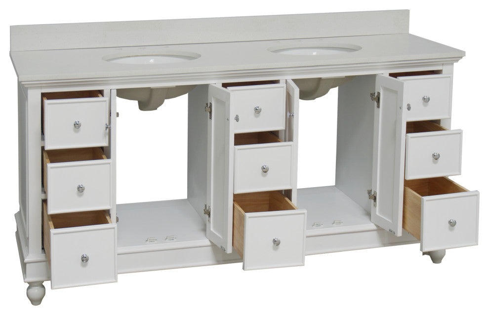 Bella 72" Double Bath Vanity, Base: White, Top: Quartz