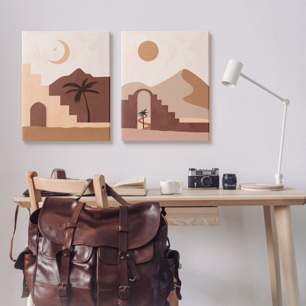 Desert Oasis Retreat Day Night Palm Dune Landscape, 2pc, each 24 x 30