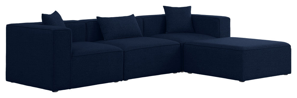 Cube Upholstered Modular Sectional, Navy, 4-Piece: 1 Armless Chair, 2 Corner Chair, 1 Ottoman, Linen Texured Fabric