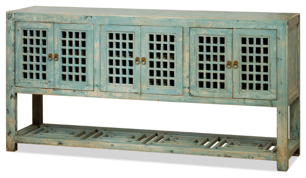 Distressed Light Blue Elmwood Dynasty Asian Sideboard