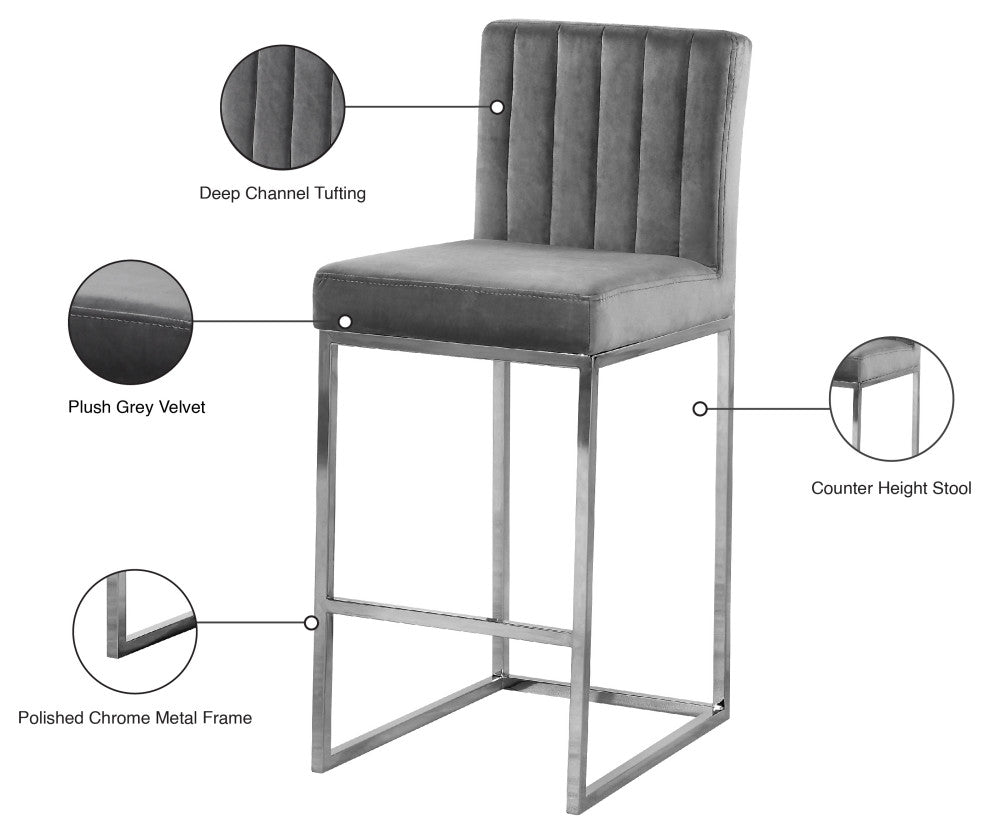 Giselle Velvet Counter Stool, Gray, Chrome Base