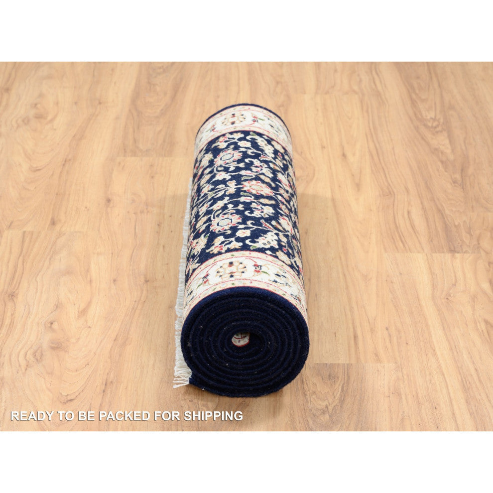 Midnight Blue 250 KPSI Wool and Silk Hand Knotted Nain Runner Rug 2'8" x 10'0"
