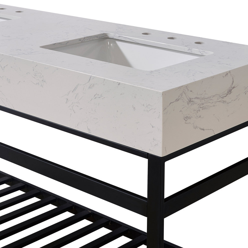 Merano Engineered Stone Vanity Top, Aosta White Apron With White Sink, 60"