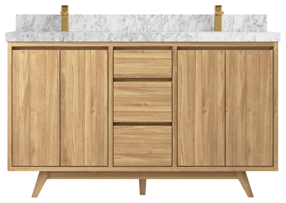 Madison Teak 60 Double Bathroom Vanity in Light Natural 2" Carrara Marble