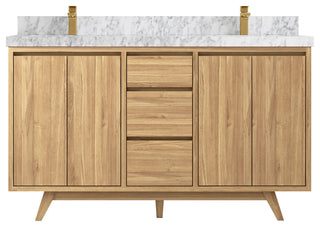 Madison Teak 60 Double Bathroom Vanity in Light Natural 2" Carrara Marble