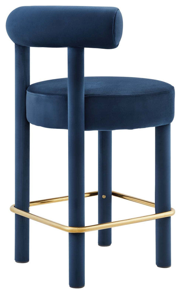 Toulouse Performance Velvet Counter Stool, Curved Round Bolster Kitchen Stool, Blue