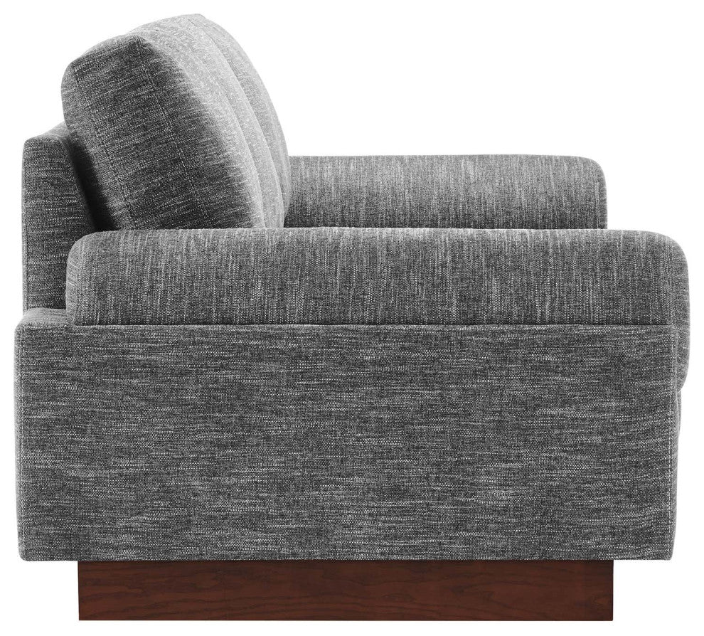 Modern Fabric Sofa with Wooden Plinth Base, Bolster Couch Ivory Fabric , Gray