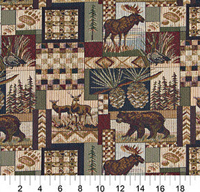 Bears Deer Moose Acorns Pine Trees Themed Tapestry Upholstery Fabric By The Yard