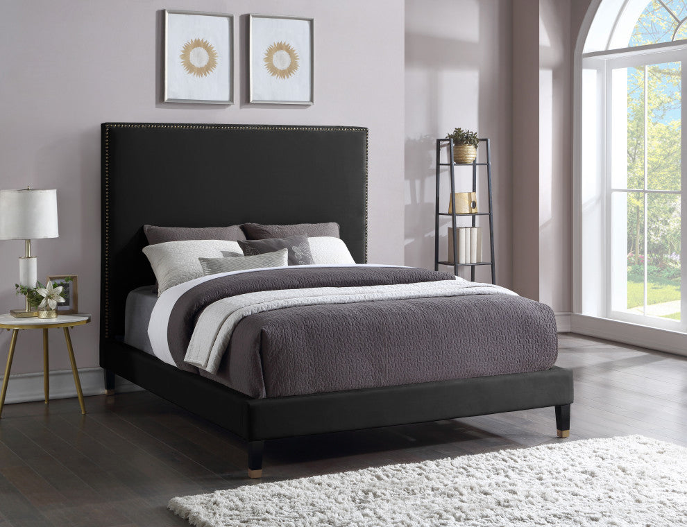 Harlie Velvet Upholstered Bed, Black, Queen