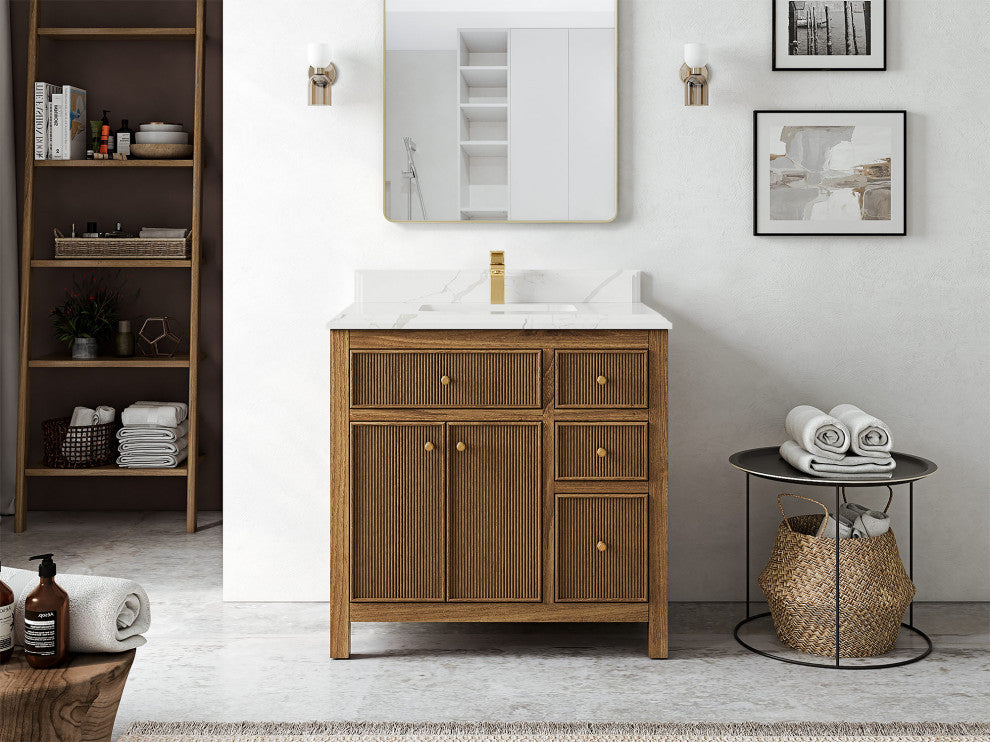 Sonoma Teak 36 Center Sink Bath Vanity in Dark Natural with 1.5" Calacatta Laza