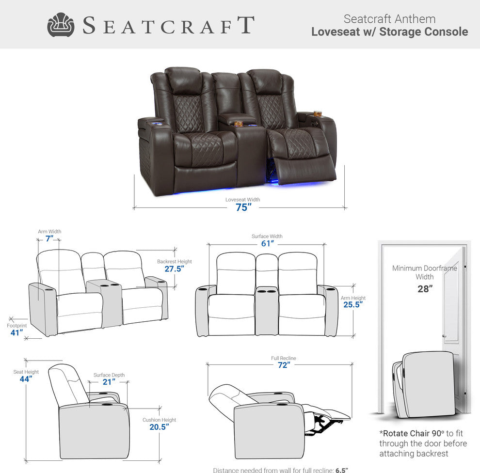 Seatcraft Anthem Home Theater Seating Leather Power Recline Loveseat, Brown