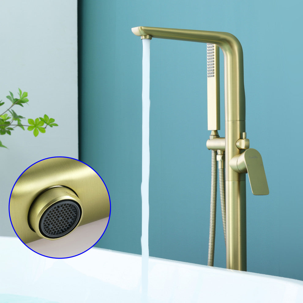 Wellfor Freestanding Faucet, Swivel Spout and Handheld Shower, 2 Handles, Brushed Gold