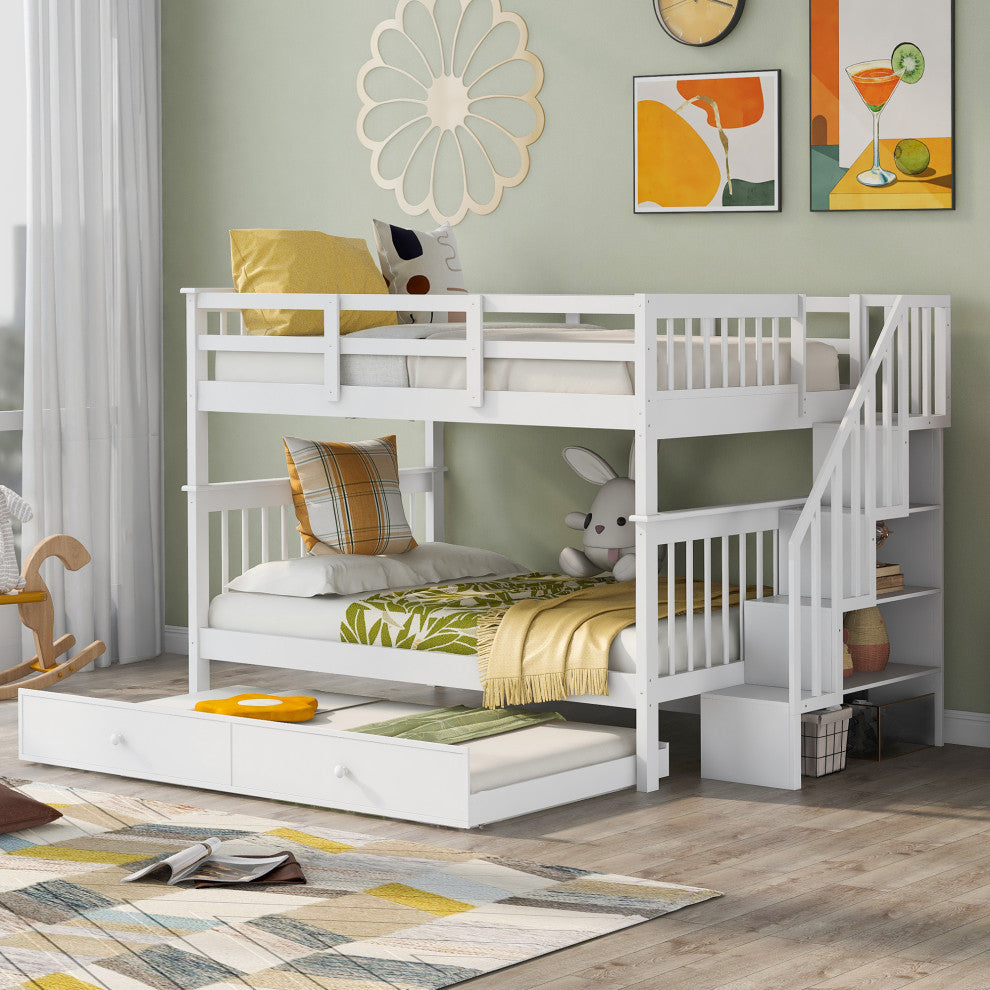 Gewnee Pine Wood Full Over Full Bunk Bed with Trundle and Stairway in White