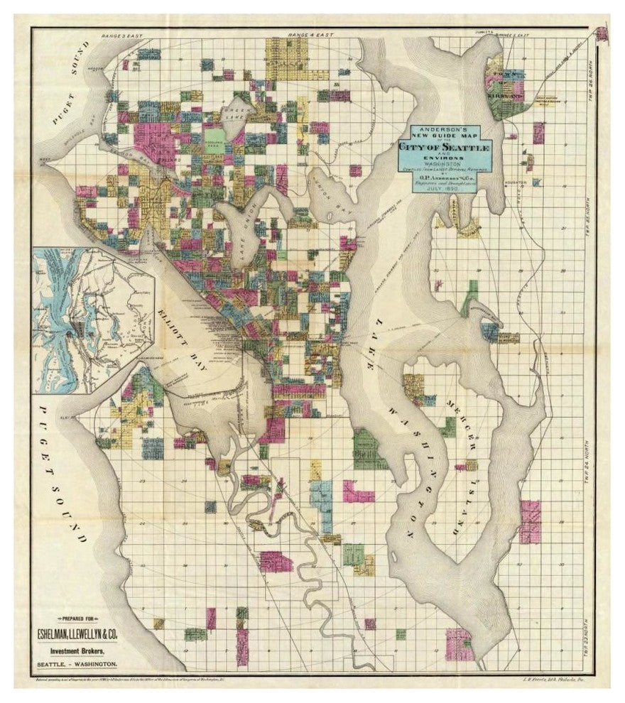 "City of Seattle and Environs, 1890" Print by O.P. Anderson, 41"x46"