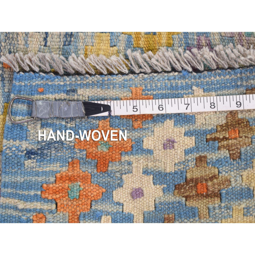 Light Blue Afghan Kilim with Geometric Design Hand Knotted Wool Rug 10'3"x13'3"