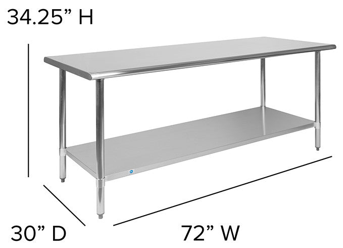 Stainless Steel 18 Gauge Work Table with Undershelf - NSF Certified, 72"w X 30"d