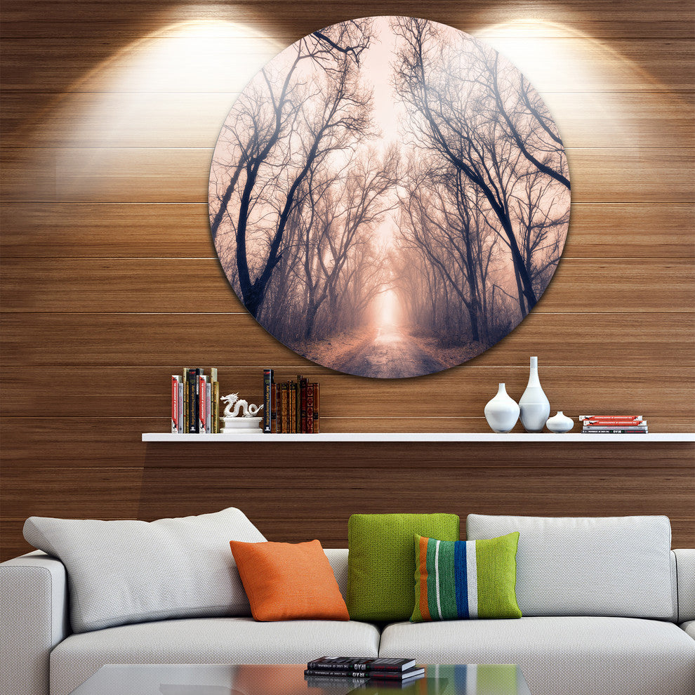 Road Through Mystical Dark Forest, Landscape Photo Round Wall Art, 11"