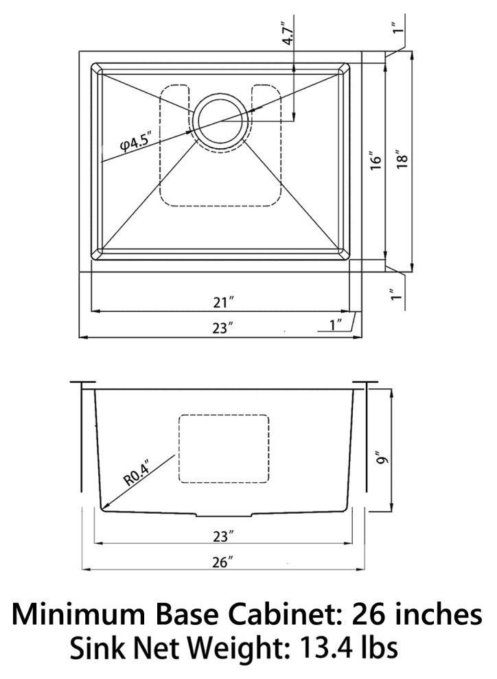 Sinber Single Bowl Kitchen Sink with 304 Stainless Steel Satin Finish, 23"x18"x9", Undermount