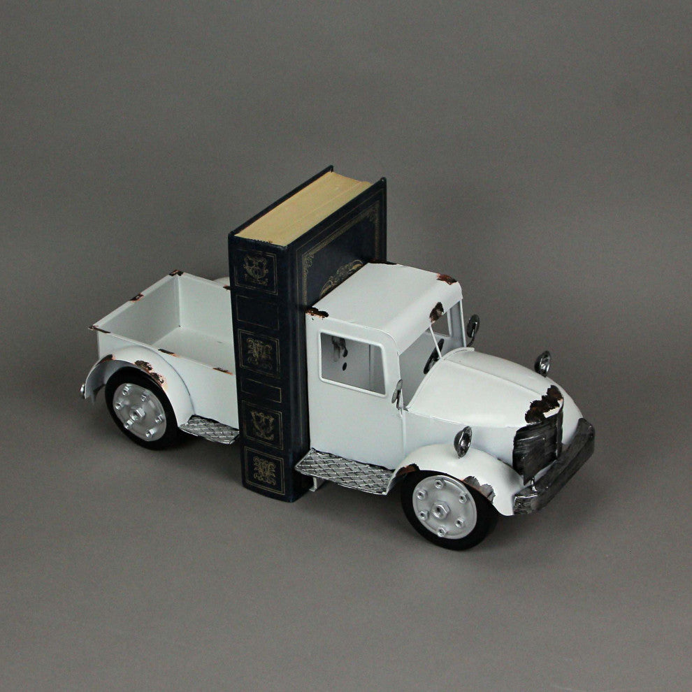 Weathered White Finish Vintage Pickup Truck Metal Bookends Front and Back