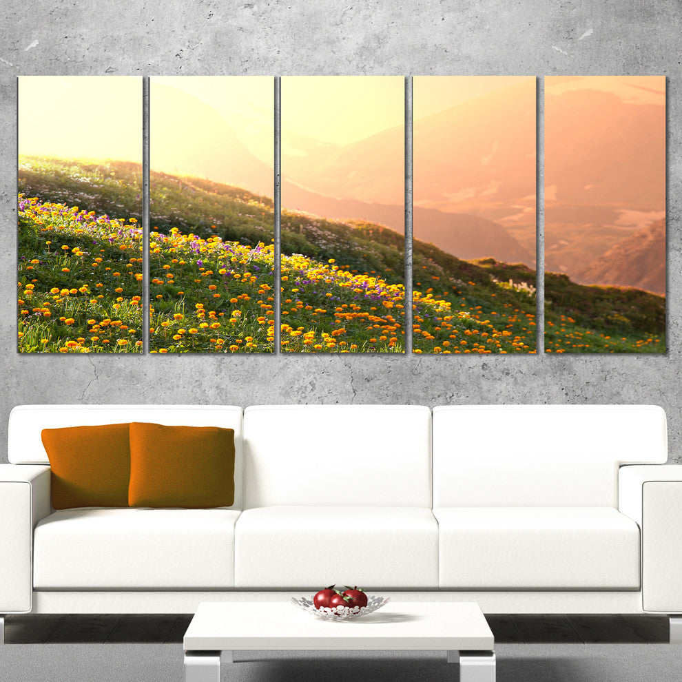 Flowering Mountain Meadow View, Landscape Canvas Art, 60"x28", 5 Panels