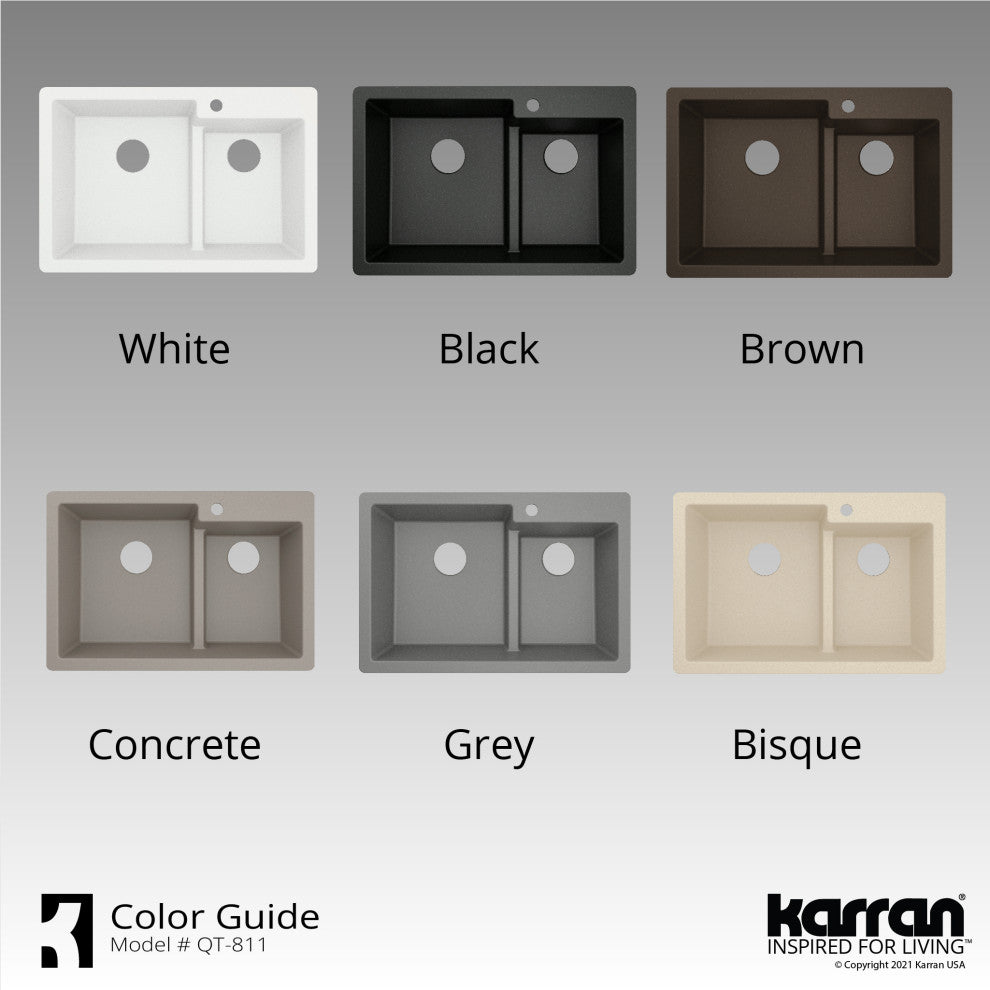 Karran 33" Top Mount Double Bowl 60/40 Quartz Kitchen Sink Kit, Grey