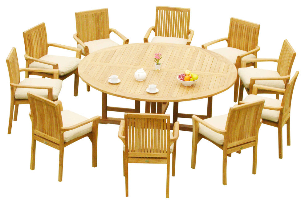 11-Piece Outdoor Teak Dining Set: 72" Round Table, 10 Lua Stacking Arm Chairs