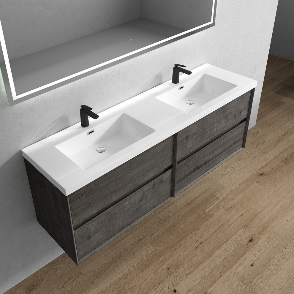 Kingdee Smoke Oak Wall Mounted Vanity With Reinforced Acrylic Sink, 72"