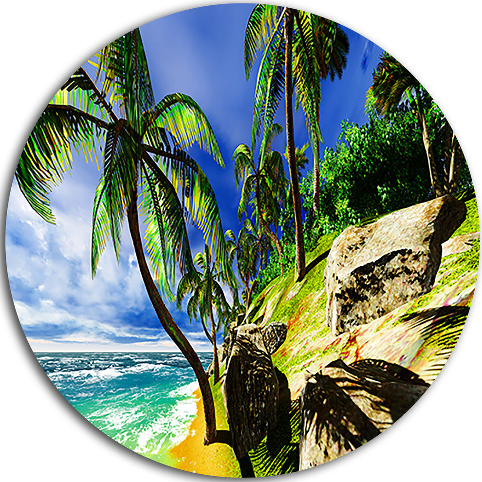 Palms In Hawaii Island Beach, Modern Seascape Disc Metal Wall Art, 36"