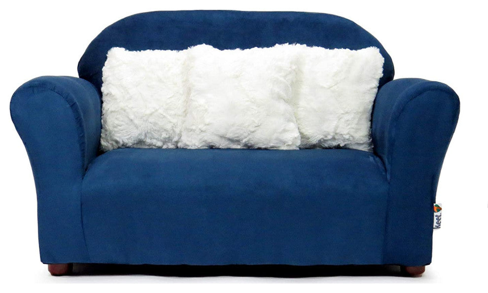Modern Plush Childrens Sofa with Accent Pillows, Navy