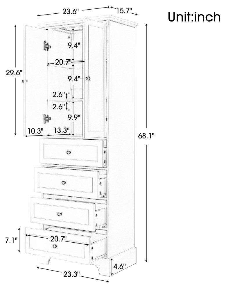 24 in. W x 68 in. H MDF Bathroom Storage Cabinet with Two Doors and Four Drawers, White