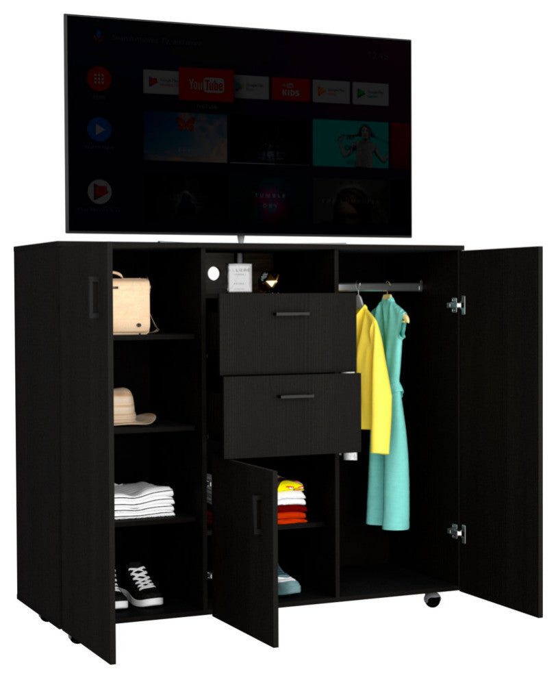 Sicilia Cabinet Dresser with 2 Drawers, Open Shelf, Rod, and 4 Casters, Black