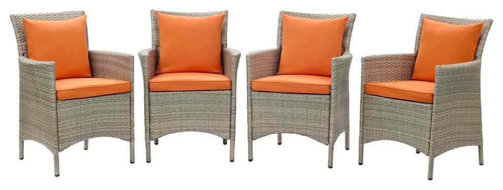 Side Dining Chair Armchair, Set of 4, Rattan, Wicker, Gray Orange, Outdoor