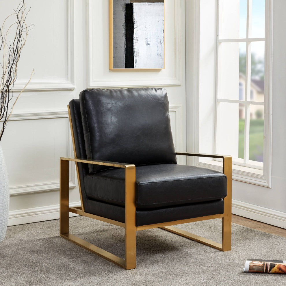 LeisureMod Jefferson Faux Leather Accent Armchair With Gold Frame, Black