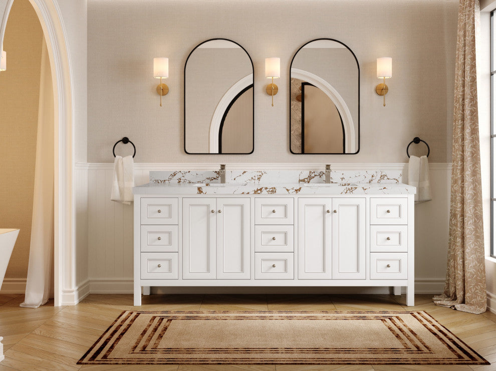 Nashville 84" Double Sink Bath Vanity, White 2" Viola Brown