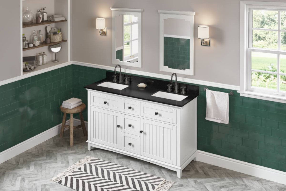 Savino Modern 60" White Double Sink Vanity, Black Granite Vanity Top