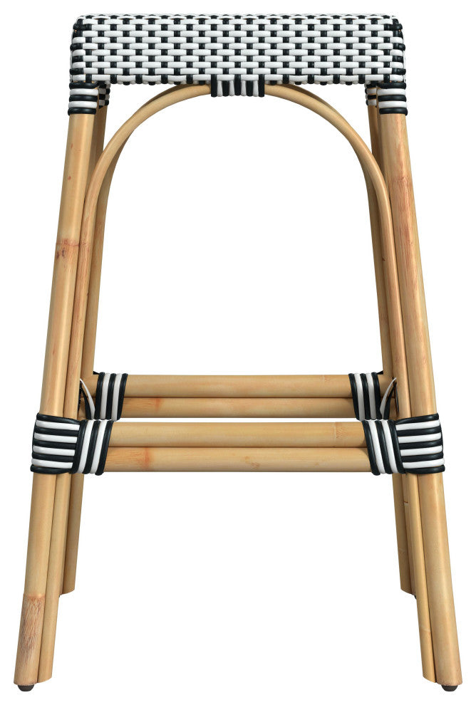 Tobias 30" Rectangular Rattan Barstool, Black and White
