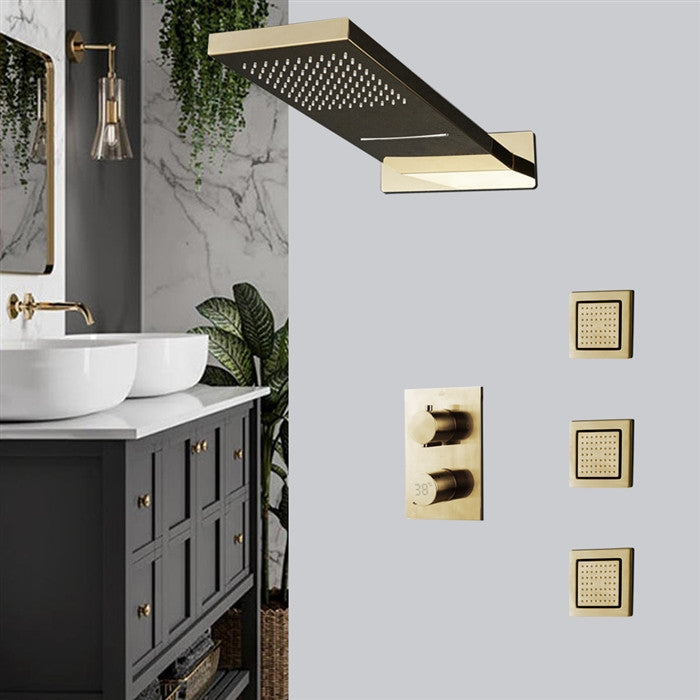 Cosenza 22" Brushed Gold Rainfall Shower System, 3 Jetted Body Sprays, Non Led