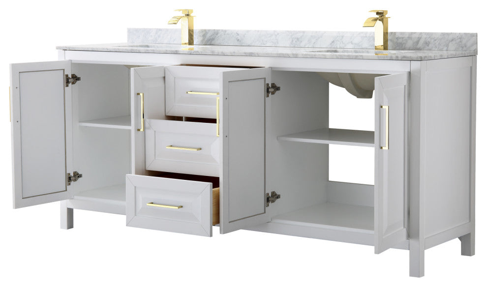 80" Double Bath Vanity, White, White Carrara Countertop, Sinks, Gold Trim