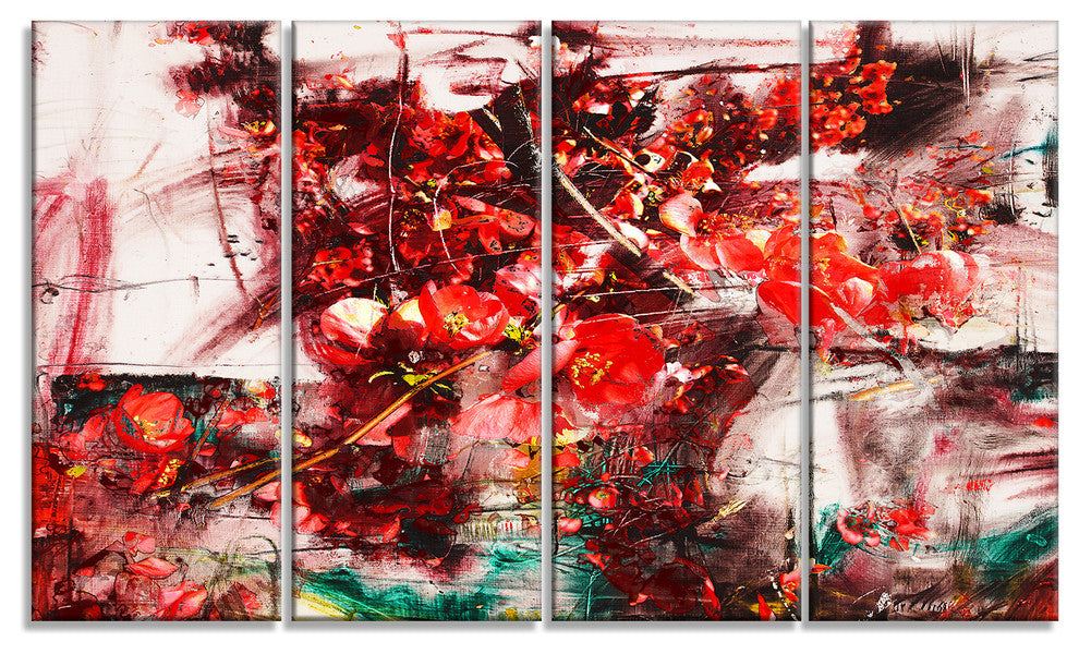 Red Flowers Abstract Background, Abstract Canvas Artwork, 48"x28", 4 Panels