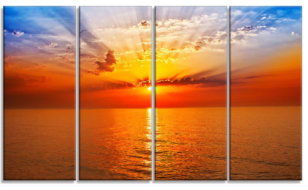 "Orange Sea Sunrise Under Blue Sky" Seashore Wall Art, 48"x28", 4-Panels