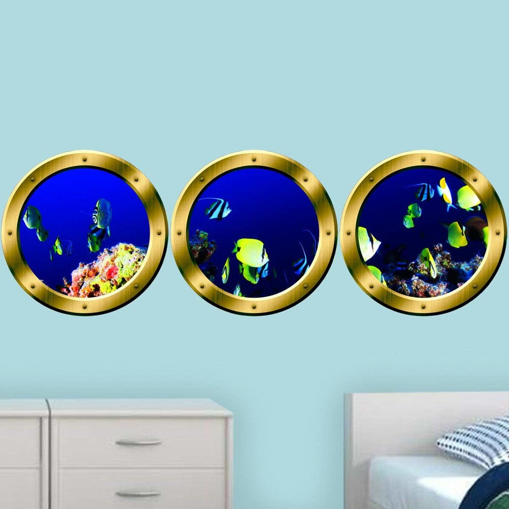 VWAQ Coral Reef Fish Decals Porthole Underwater Ocean Stickers Wall Art Decor, 2