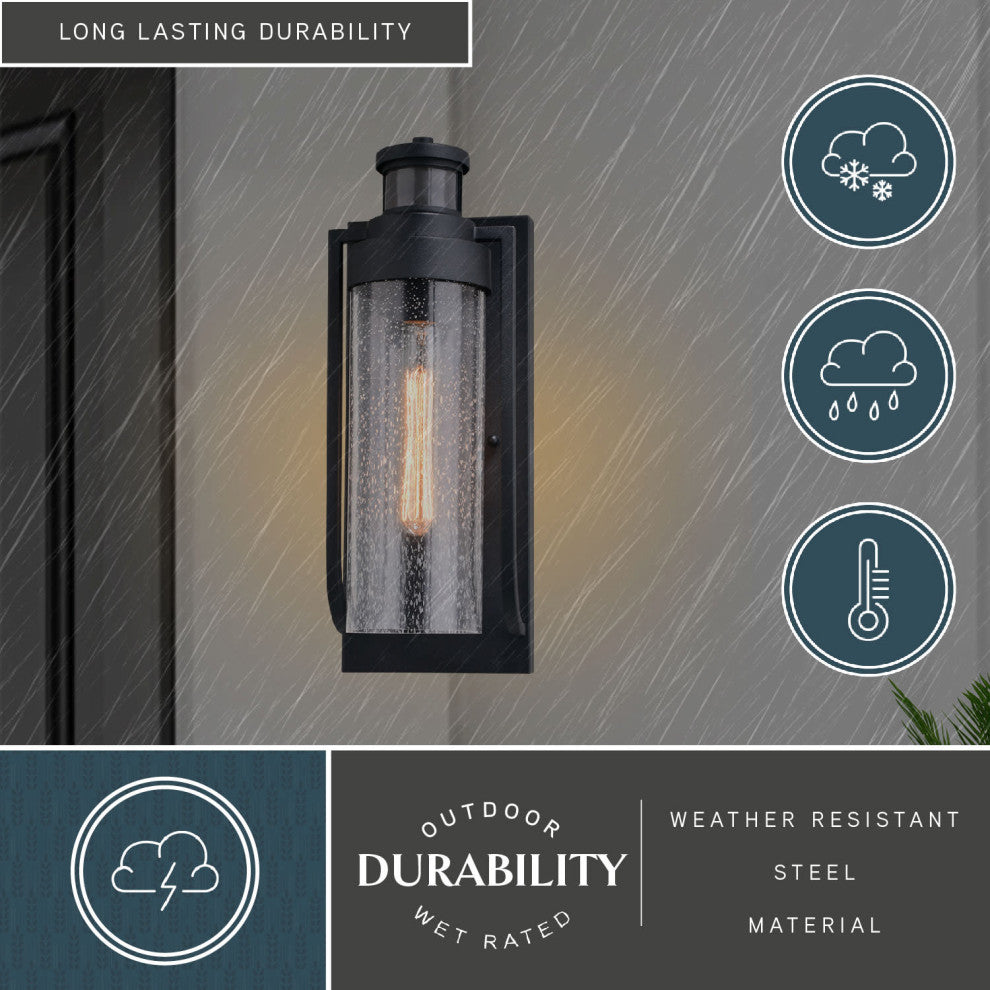 Lawton Steel Black Motion Sensor Dusk to Dawn Outdoor Wall Light Clear Glass