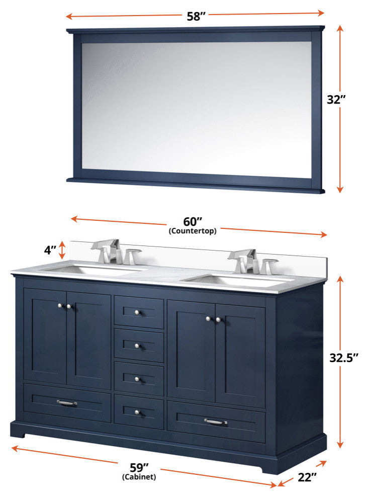 Dukes 60" Navy Blue Double Square Sink Vanity with Quartz Top, With Faucet and M