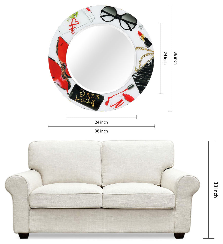 "Boss Lady" Round Beveled Wall Mirror on Floating Printed Tempered Art Glass