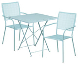 28" Square Sky Blue Indoor-Outdoor Steel Folding Patio Table Set, 2 Back Chairs