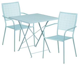 28" Square Sky Blue Indoor-Outdoor Steel Folding Patio Table Set, 2 Back Chairs