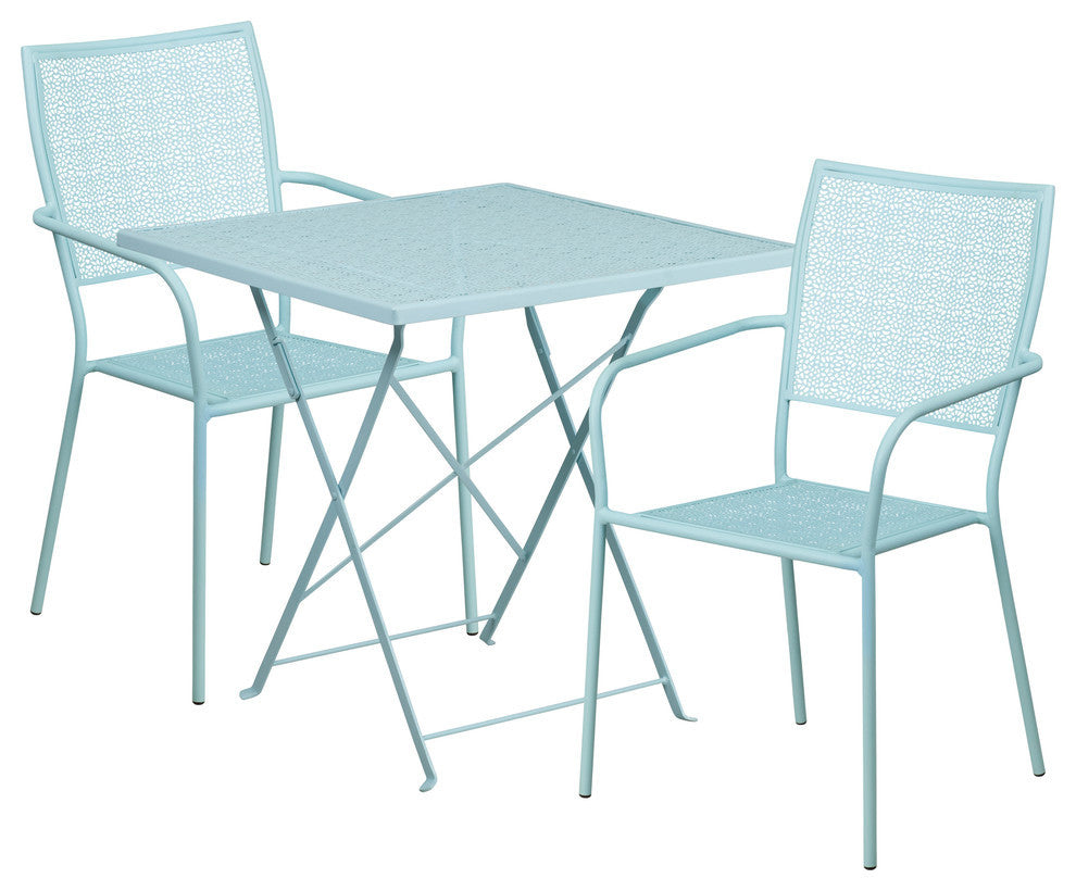 28" Square Sky Blue Indoor-Outdoor Steel Folding Patio Table Set, 2 Back Chairs