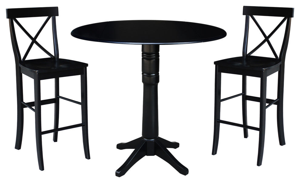 42" Round Pedestal Bar Height Table with 2 Bar Height Stools, Black