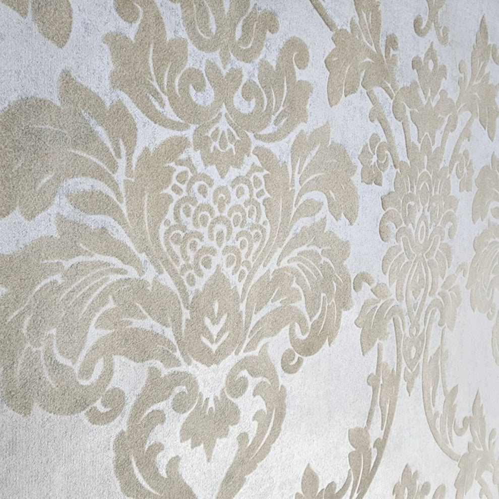 Wallpaper flocking rustic beige Flocked vintage damask velvet wallcoverings roll, Double Roll 57.4 Sq.ft
