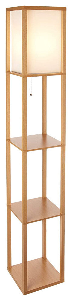 Brightech Maxwell - Modern LED Shelf Floor Lamp - Skinny End Table & Nightstand, Natural Wood